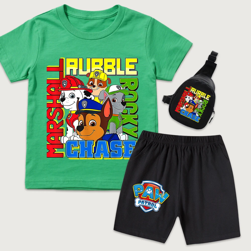 

Детский комплект из хлопковой футболки и шорт для мальчиков и девочек с мини-сумкой на груди, летняя повседневная одежда для малышей с мультяшным принтом