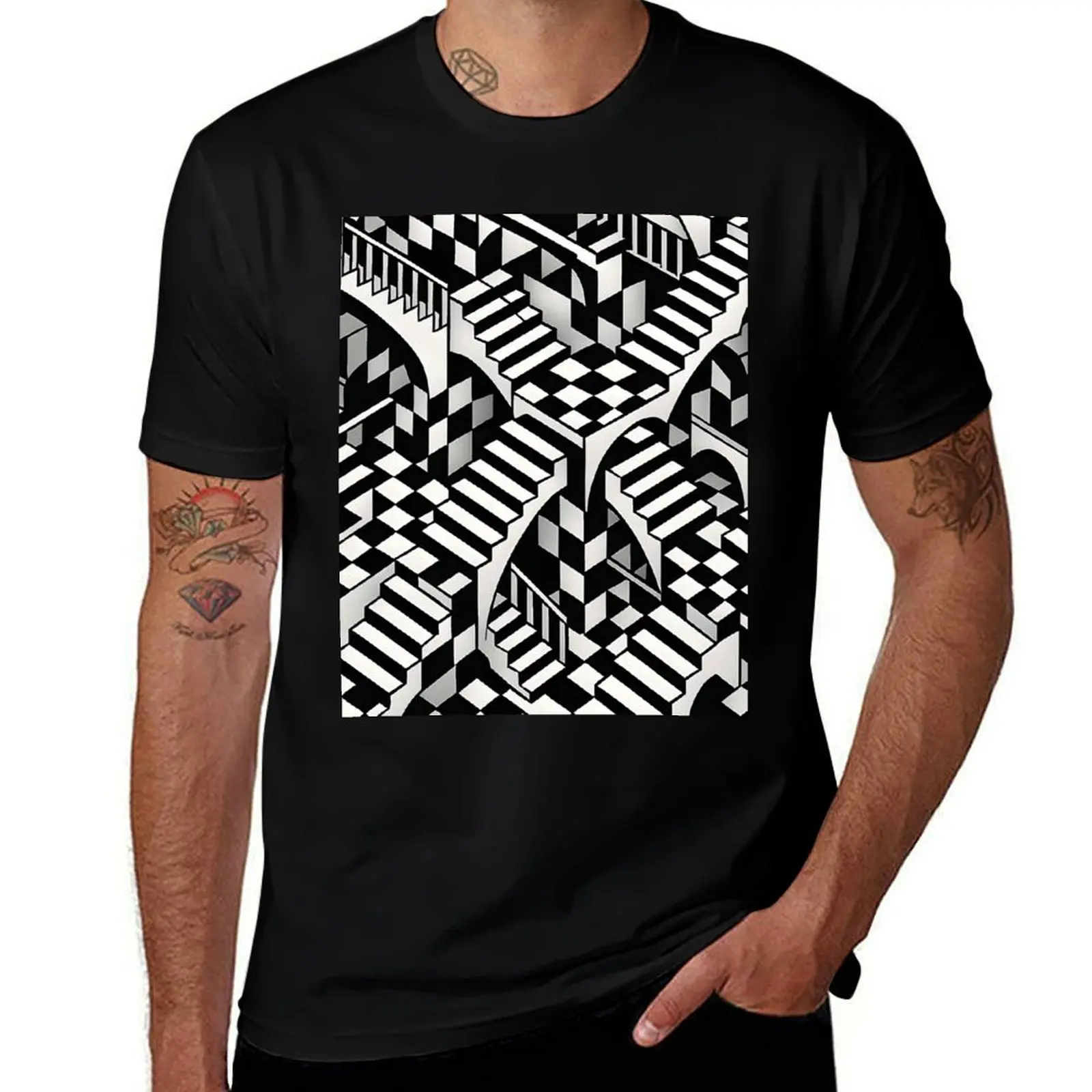 

Chess Pattern Impossible Architecture Black & White Optical Illusion Art in Escher Style T-Shirt
