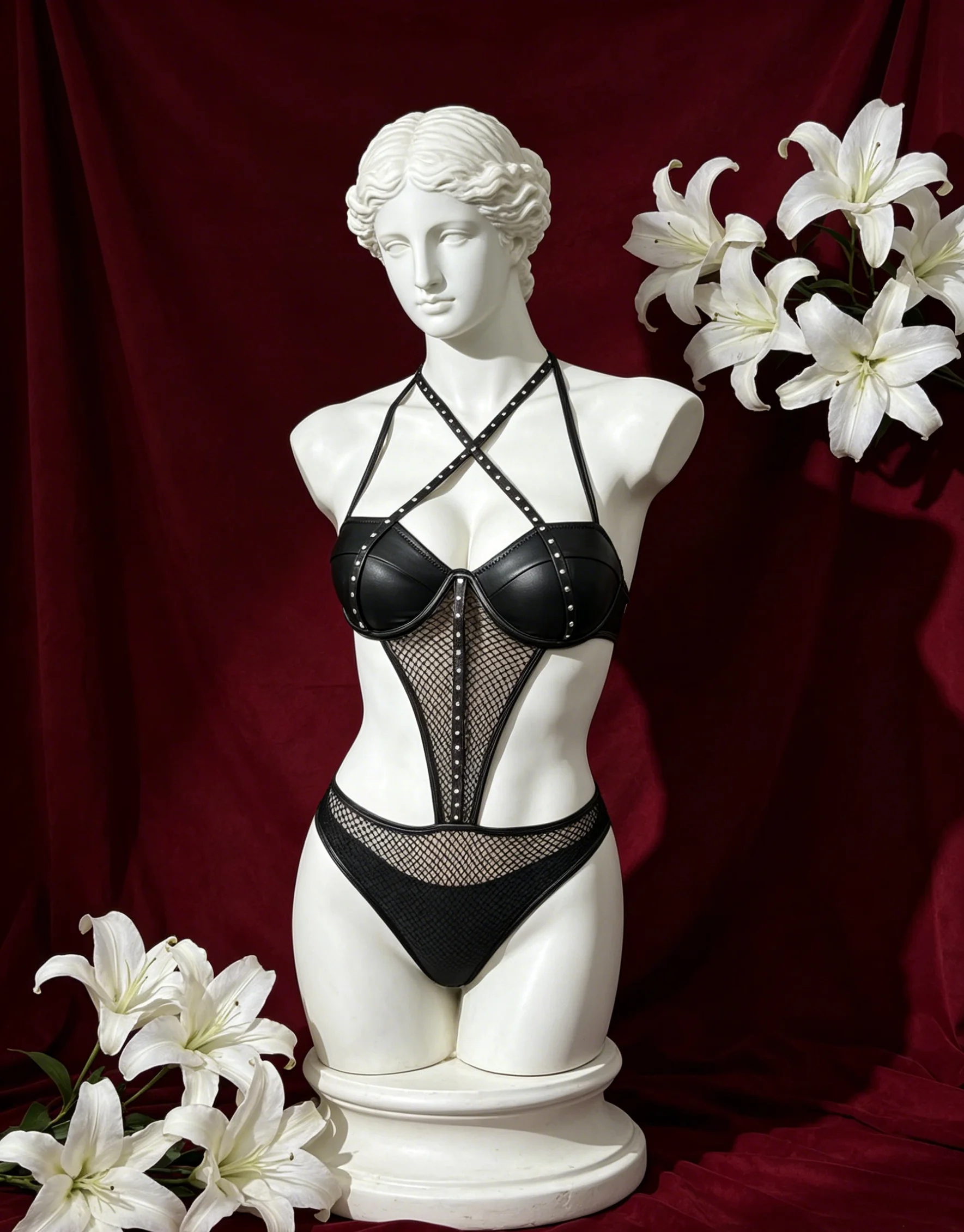 【 Fragments.SPECIAL LINK:THE MASCOT'SLITTLE GIFT.】 Chic Black Studded Halter Bodysuit with Fishnet Mesh and Faux Leather