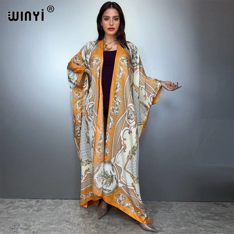 

WINYI bohemian Kimono loose Cardigan beach outfits woman cover up evening dress long down coat maxi dress luxury beachwear