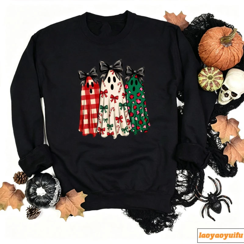 Coquette Christmas Ghost Trio Black Bows Plaid Candy Cane Bow Print Leopard Pattern Spooky Cute Xmas Holiday Cartoon Pullover