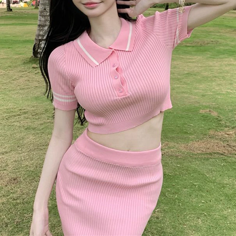 

Lapel Slim Short Knitted Top + High Waist Mini Skirt Women's Two-Piece Set 2023 Summer Sweet Cute Fashion Casual Outdoor Suit