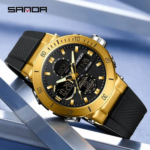Imagen 2 del producto Reloj SANDA a la moda para hombre, cronógrafo deportivo resistente al agua, relojes de pulsera de cuarzo, reloj despertador con doble pantalla, reloj electrónico para estudiantes