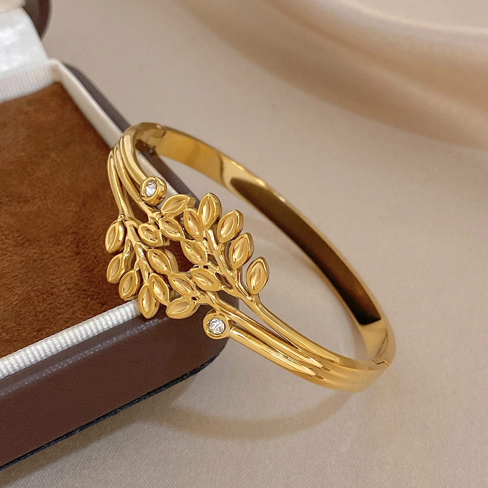 

Freetry Vintage Tree Branch Stainless Steel Bangle for Women Gold Color Waterproof Spring Cuff Bracelet Lady Casual Jewelry Gift