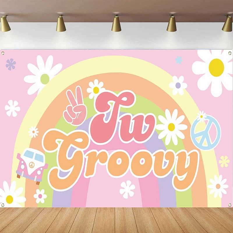 

Photography Backdrop Retro Hippie Boho Banner Baby Girls Two Groovy 2nd Year Old Birthday Party Decor Daisy Flower Background