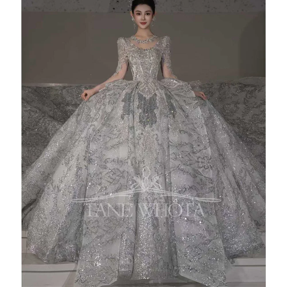 Sexy O-Neck Long Sleeve Wedding Dress Beaded Sequined Crystal Customized Robe De Mariée