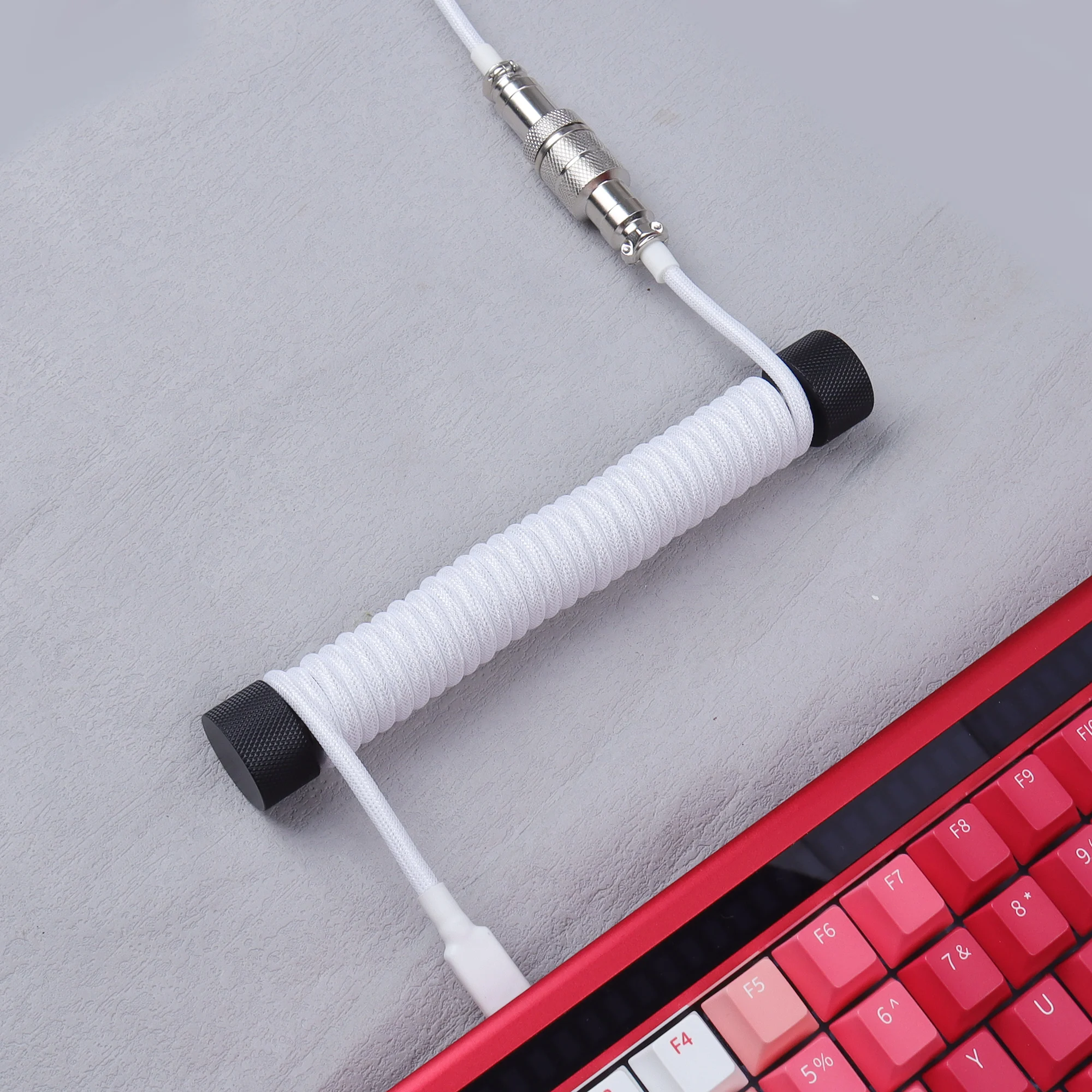 【LANO】White Double Sleeved Wire Coiled Keyboard Cable Gx16 Aviation Connector USB to Type C Keyboard Cable Detachable Metal Avia