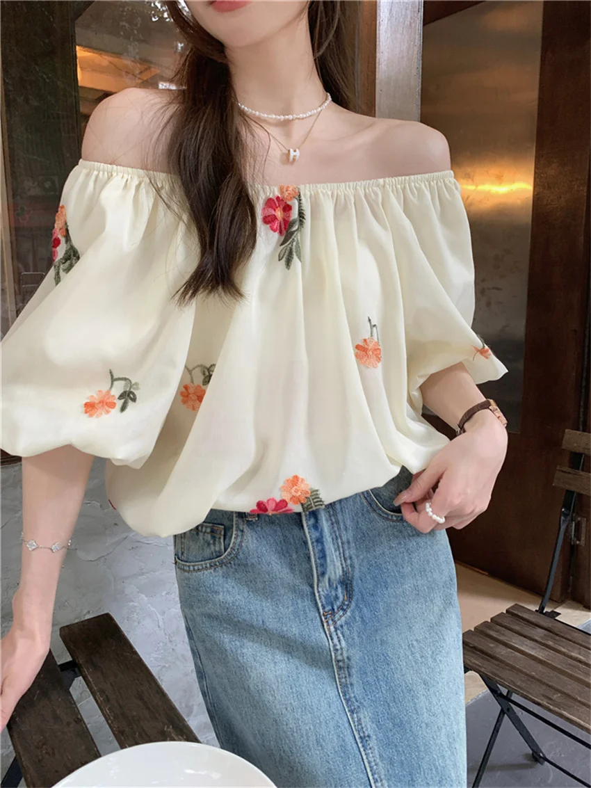 

PLAMTEE Sweet Blouses Women Summer Florals Half Puff Sleeve Chic Casual Office Wear Lady 2023 Fashion Loose Gentle Blusas