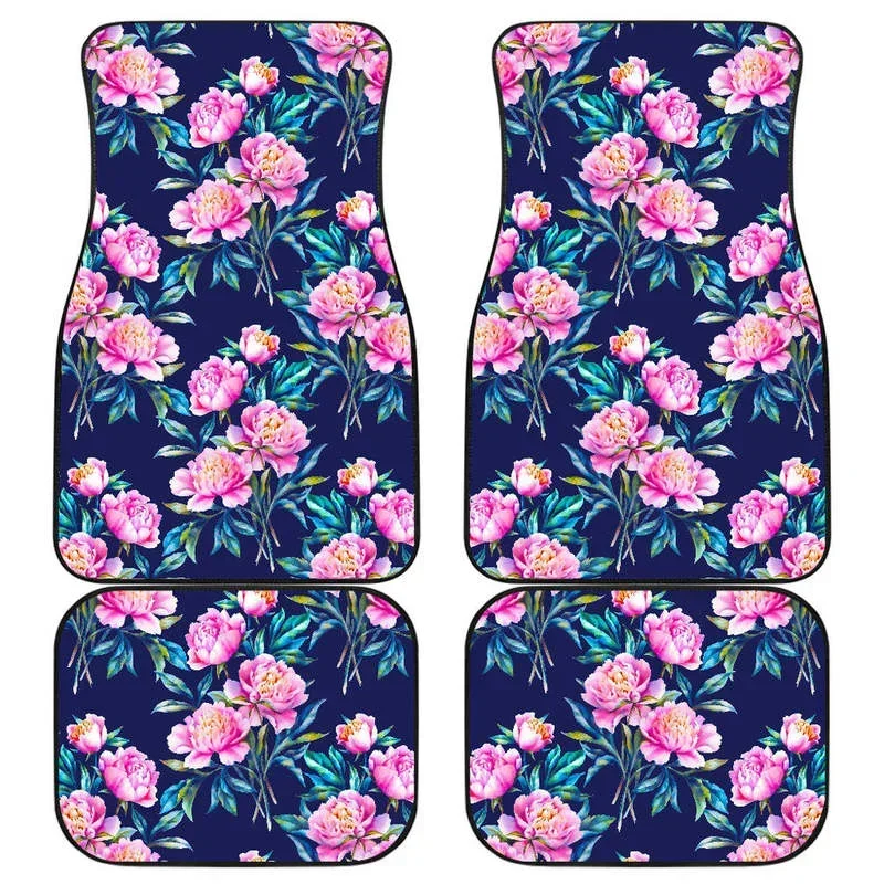 Pink Peony Floral Flower Pattern Print Front and Back Car Floor Mats Heavy Carpet Front and Rear Full Set 4PCs Pack