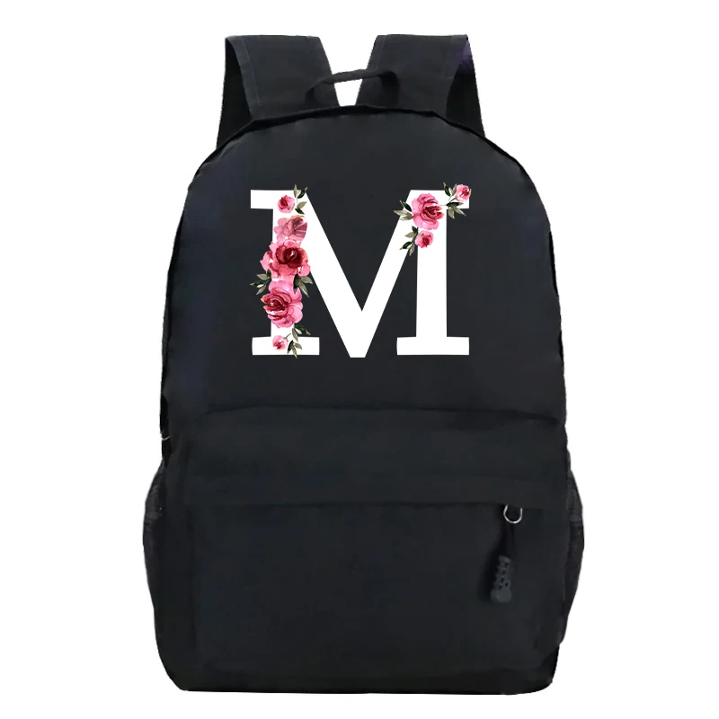 Fashion Rose Letter Backpack Canvas Women Bagpack Floral 26 Alphabet School Bags for Teenage Girls Vintage Flower Design Bookbag