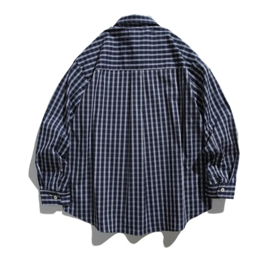 Vintage Blue Plaid Shirts Mens Streetwear Harajuku Long Sleeve Shirt for Men Oversized Loose Casual Cotton Cargo Blouse Coats