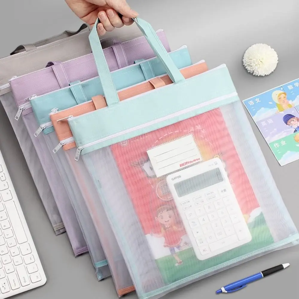 Minimalist Storage Bags Textbook Homework Student Zipper Storage Bag Test Paper Folder A4 Mesh File Folders Document Bag