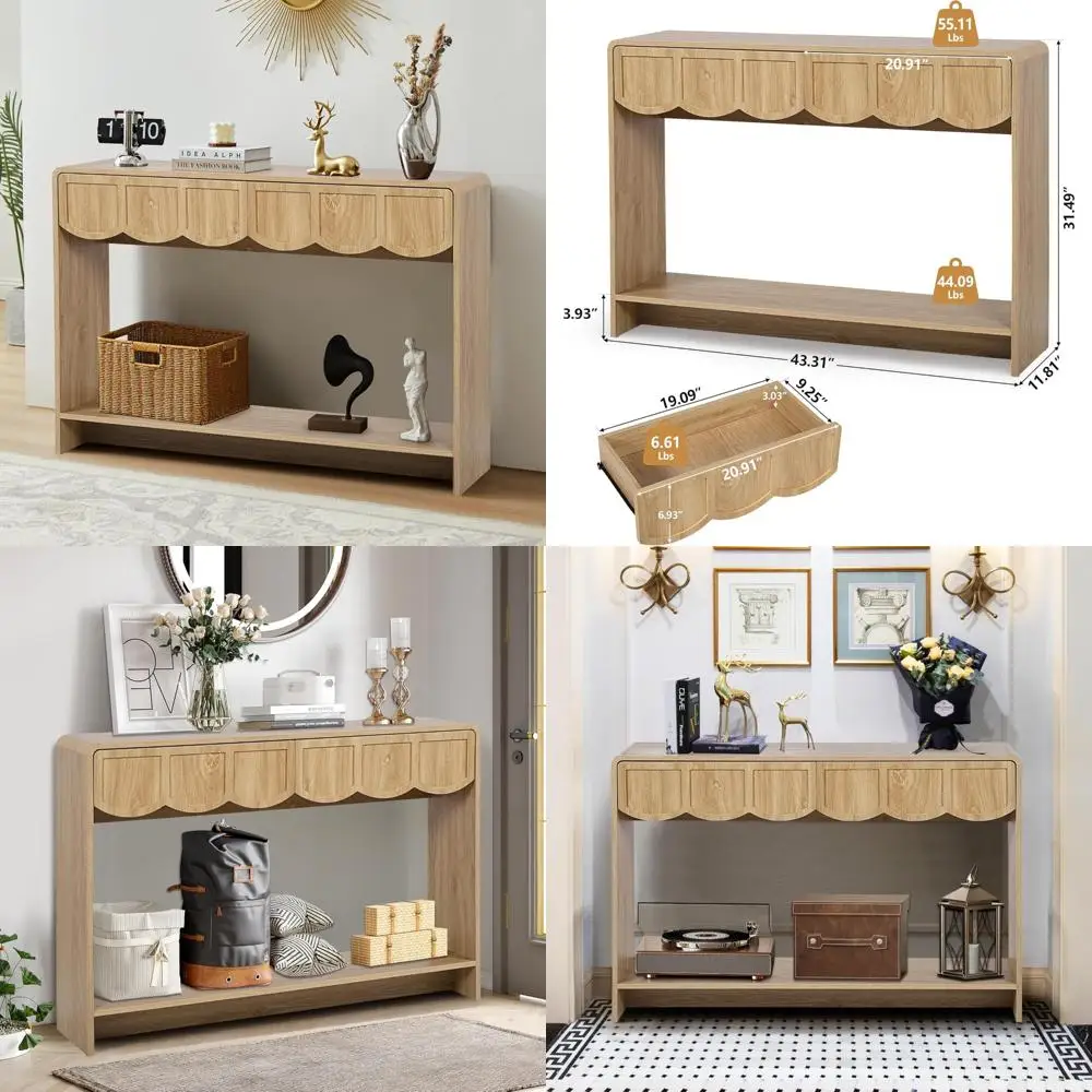 طاولة كونسول مقاس 43 بوصة على طراز منتصف القرن مع أدراج وأرفف مفتوحة للمدخل الضيق ولمسات المدخل