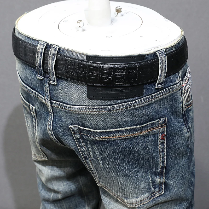 Italian Style Fashion Men Jeans High Quality Stretch Slim Fit Ripped Jeans Men Retro Washed Blue Vintage Designer Denim Pants