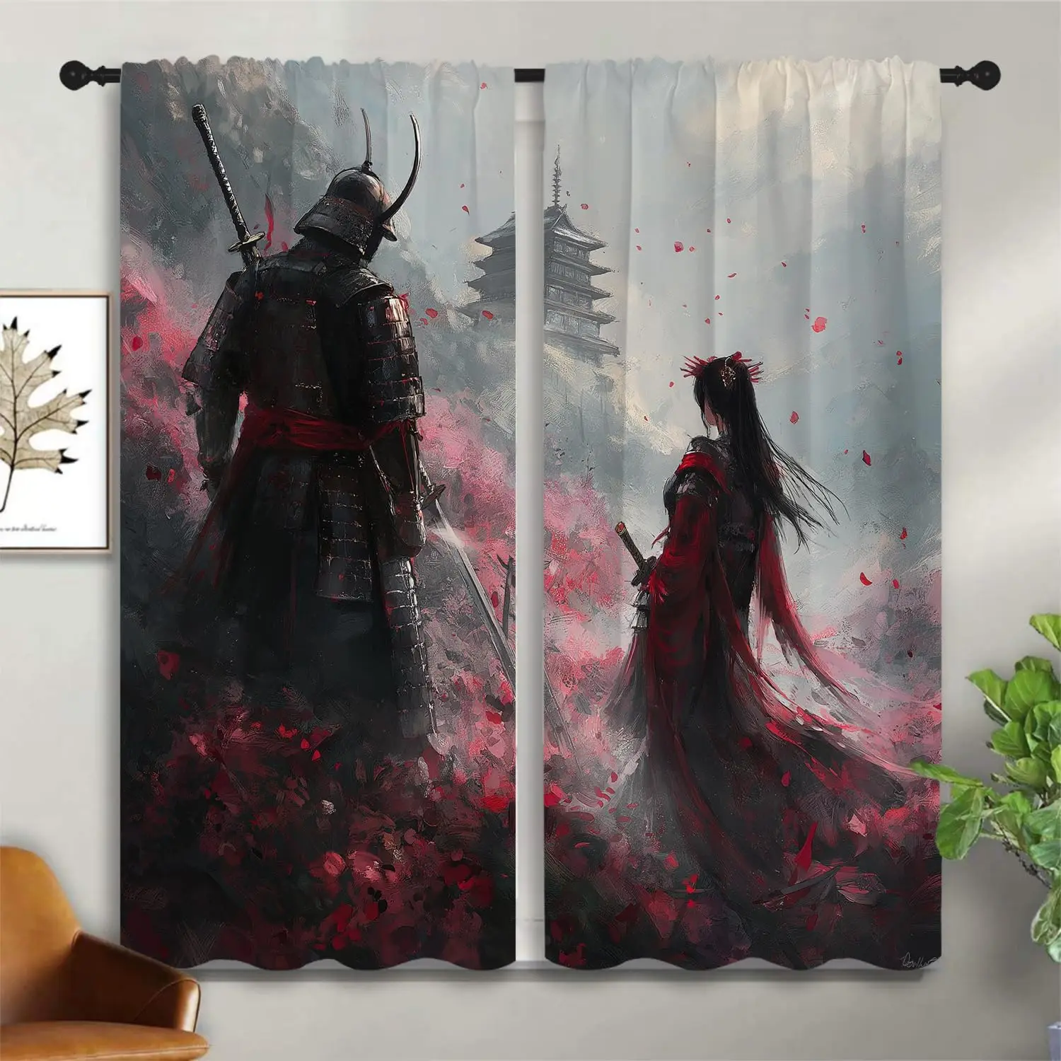 Japanese Samurai Boy Girls Blackout Curtains,Asian Style Red Plum Blossom,Panel Rod Pocket Thermal Insulated Drapes for Bedroom