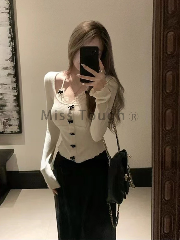 Autumn Bow Sweater Short Sexy Knit Tops Women French Elegant Lace Slim T-shirt Streetwear Korean Fashion Aesthetic Clothes 2024