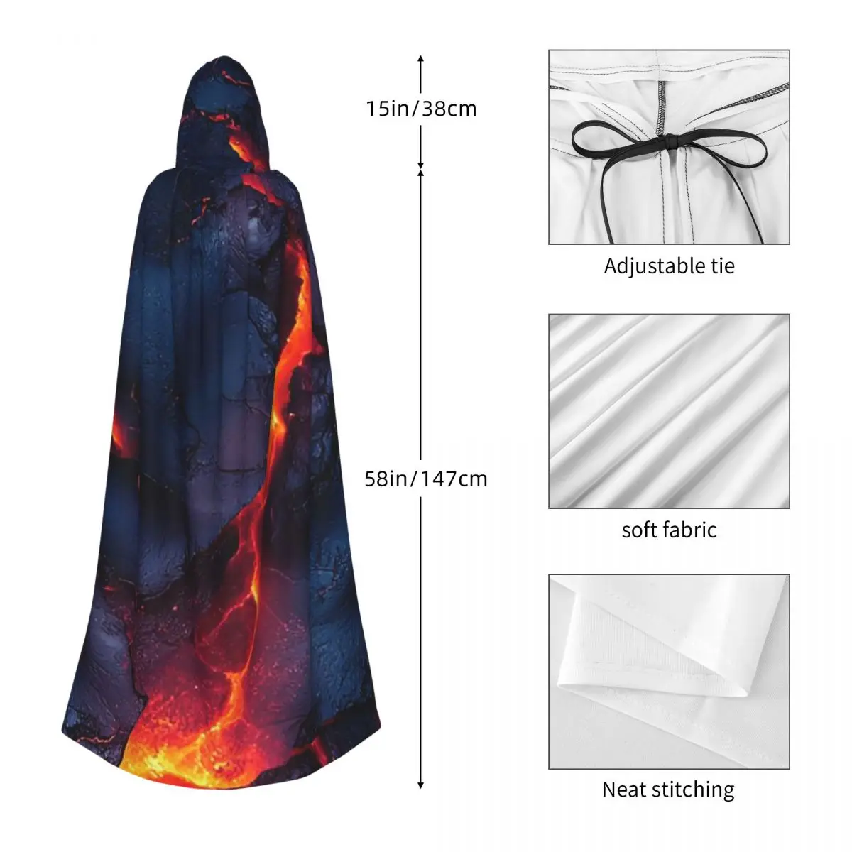 Volcano Lava Fire Long Hooded Cloak Witch Medieval Costume Cosplay Cape HalloweenVampire Adult Unisex