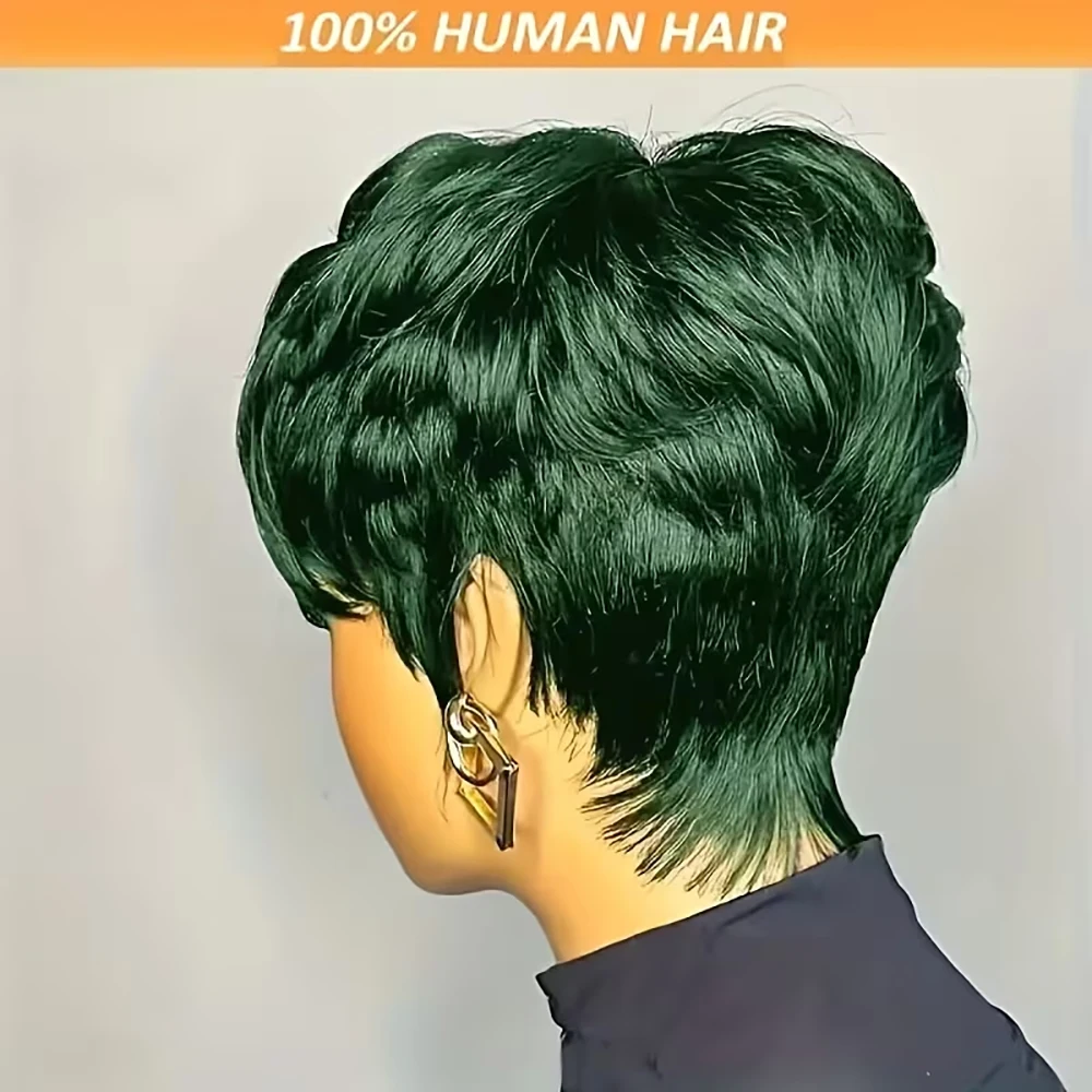 Parrucca corta con taglio pixie Parrucche per capelli umani lisci verdi Capelli brasiliani con frangia pre pizzicata per donne Capelli umani al 100% realizzati a macchina