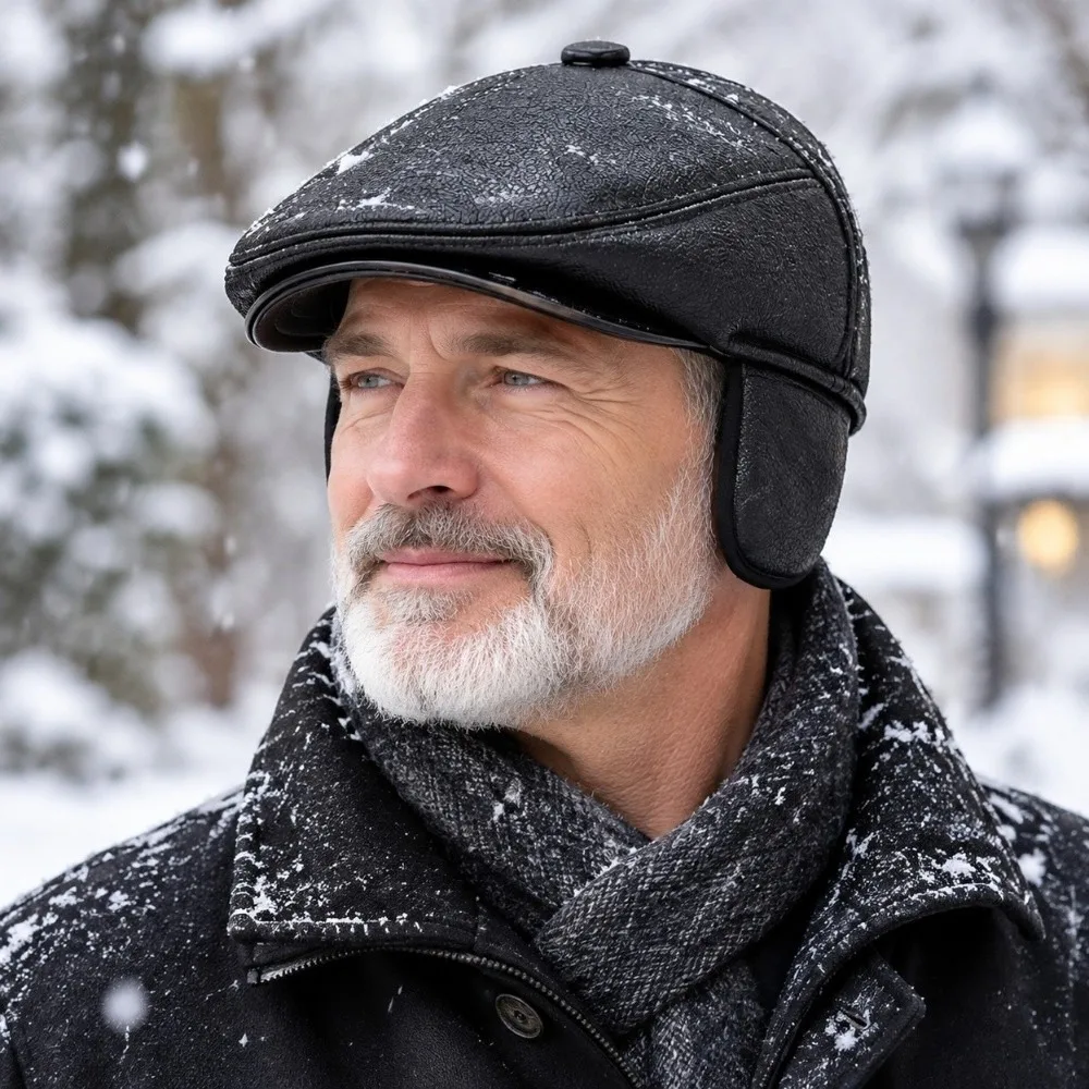 Fleece Lined Men Flat Cap Windproof Brim Coldproof Layer Casual Duckbill Hat Comfortable Fit Exquisite Workmanship
