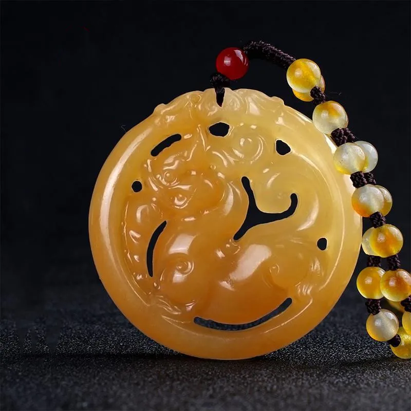 Minicarved Doublesided Handcarved Brave China Traditional Craftsmanship Pendant Natural Yellow Dragon Jade Necklace Jewelry