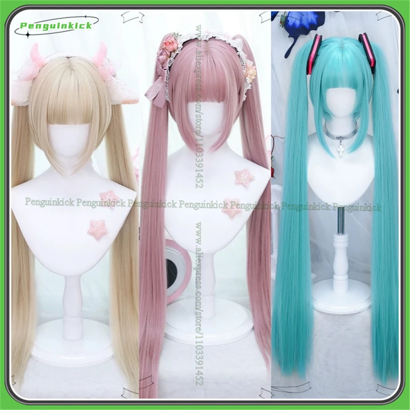 

Long Straight Ponytails Synthetic Wig Bangs Women Lolita Party Chic Girls Blonde Pink Miku Blue Heat Resistant Hair Twin Pigtail