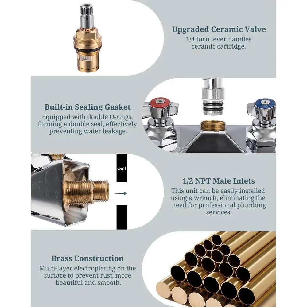صنبور حوض يد مثبت على الحائط مكون من 4 أسطوانات مع صنبور معقوفة 3-1/2، رافعة مزدوجة، نحاس، صمام سيراميك لغرفة الغسيل والمرافق #4