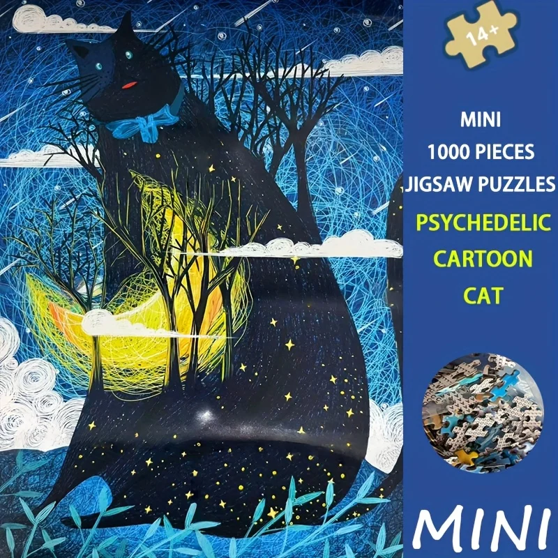 

1000pcs Psychedelic Cartoon Cat Jigsaw Puzzle for Adults Suitable for 15x10" (38x26cm) Challenging Brain Teaser, Vibrant Colors