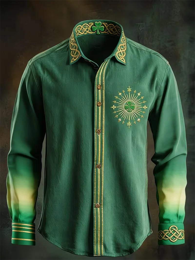 New Men's Long Sleeved Shirt with 3D Clover Print Design, Fashionable and Luxurious Print, Comfortable and Soft Top