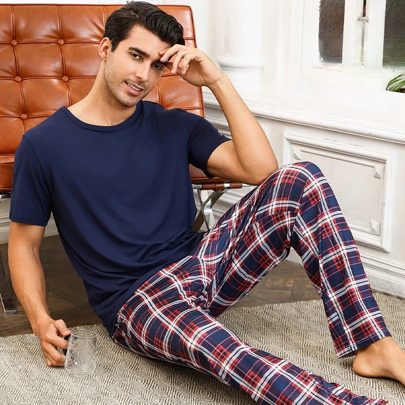 

Men's Pajamas Short-sleeved Trousers Spring and Autumn Pajamas Pants Set Plaid Printing Comfortable Breathable Loungewear Pijama