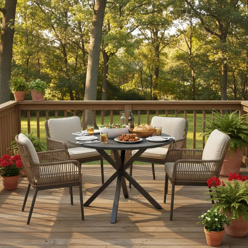 

34-Inch Metal Round Patio Dining Table for 4, Heavy Duty Outdoor Metal Frame Dinner Table with Wood-Like Top, Customized