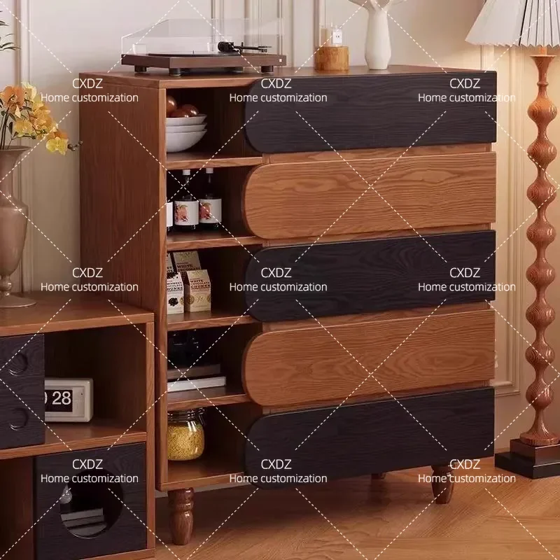 Medieval Solid Wood Chest of Drawers French Retro Living Room Integrated Wall Storage Side Cabinet Ash Wood Drawer Storage