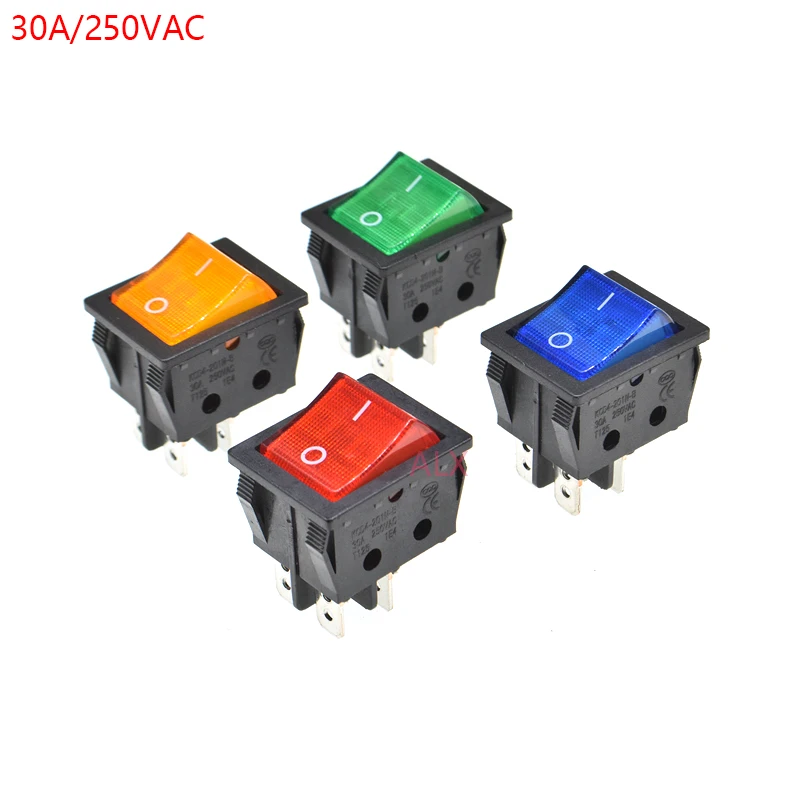 2PCS KCD4 4 PIN Push Button rocker Switch with red blue green yellow led light ON/OFF   power switches 30A/250V 25*31MM 25*31