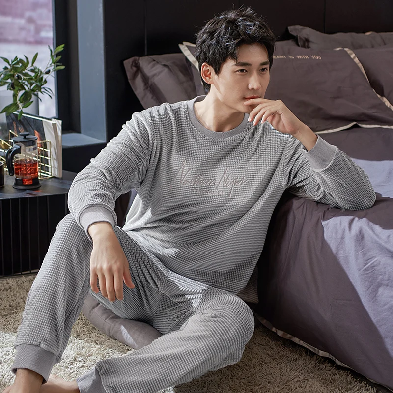 Men's Winter Island Velvet Pajamas Set Letter Sleepwear Coral Fleece Homewear Thick Keep Warm Velvet Male Suit Fall Sweatshirt