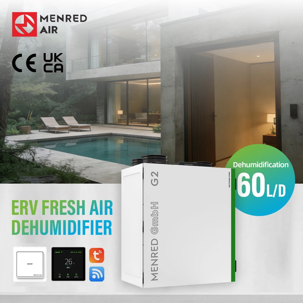 High Efficiency ERV Dehumidifier With Fresh Air 350m/h Airflow Square Design Smart Life Tuya App For Residential Bathroom Mall