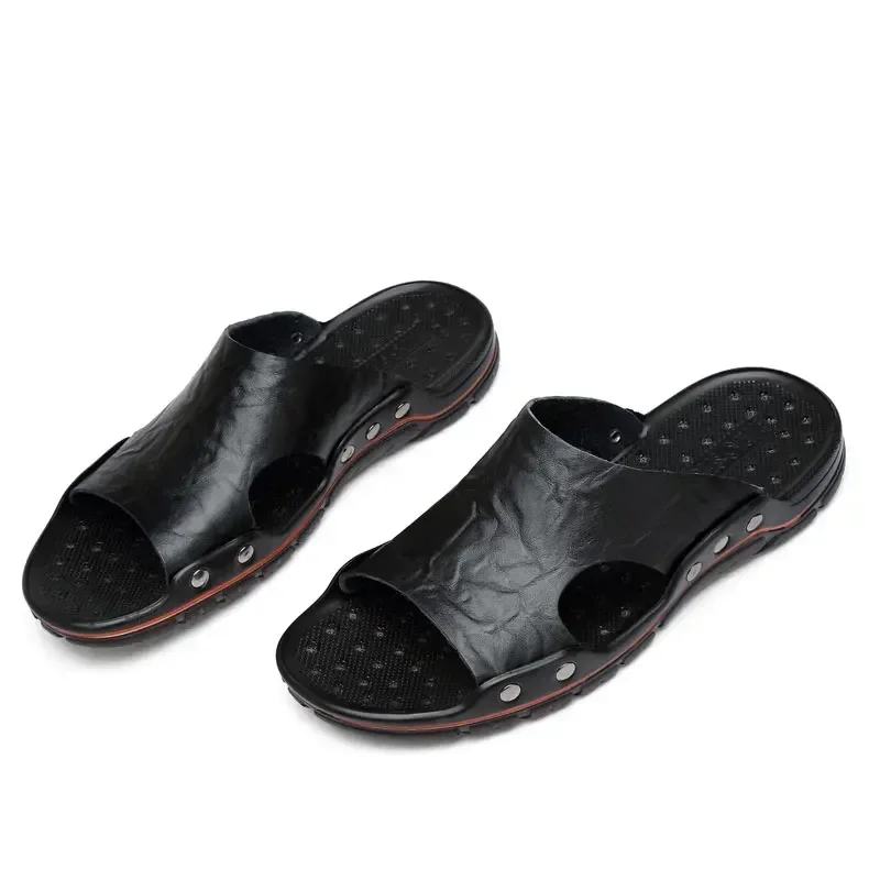 YRZL Herren-Sandalen, PU-Leder, klassische Sommer-Herren-Hausschuhe, weiche schwarze Hausschuhe, große Hausschuhe, leichte EVA-Slides für Herren – Detail 3