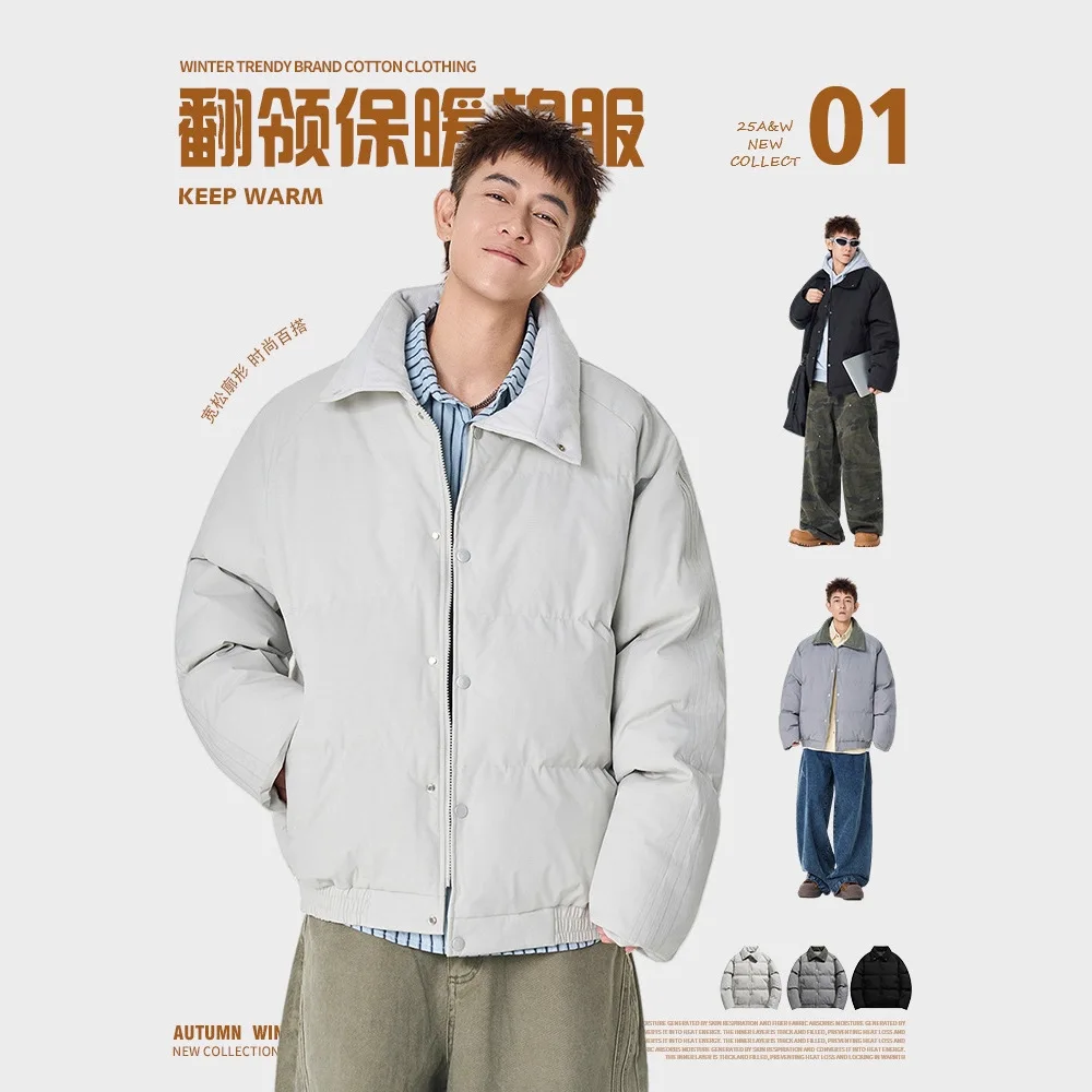 Unisex Autumn Winter Thick Warm Cotton Padded Jacket Lapel Button‑Up Puffer Coat Couple Outerwear Men Women