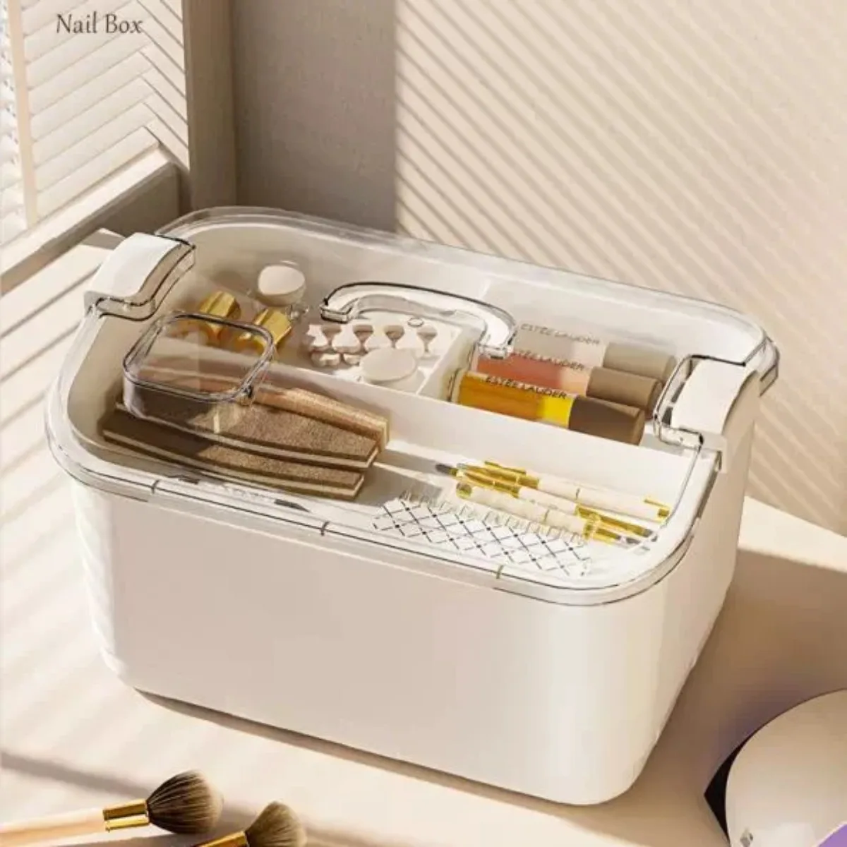 Nail Art Organizer Box Multi Compartment Plastic Storage Case Cotton Pad Swab Holder Dustproof Makeup Organizer Desktop Use