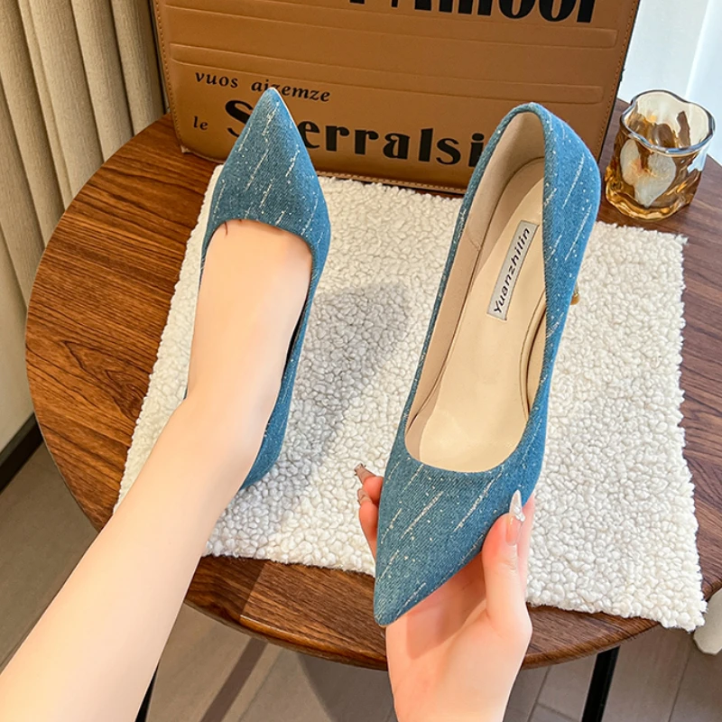 2025New Fashion Women's Summer High Heels Pumps Pumps Pointed Toe Denim Pointed Toe Professional Stiletto Heels Ultra High Heels