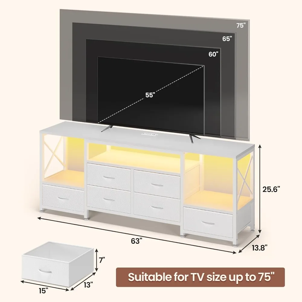 مركز ترفيه بحامل تلفزيون مقاس 75 بوصة مزود بمصابيح LED ومنافذ طاقة، وطاولة وحدة تحكم 63 على الطراز الصناعي مع 6 أدراج من البولي يوريثان #2