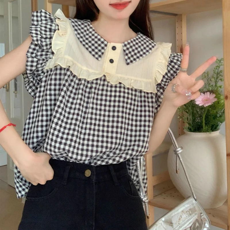 Women Trendy Vintage Plaid Print Patchwork Ruffles Blouses Summer Sweet Kawaii Chic Short Sleeve Shirts Female Casual Loose Tops