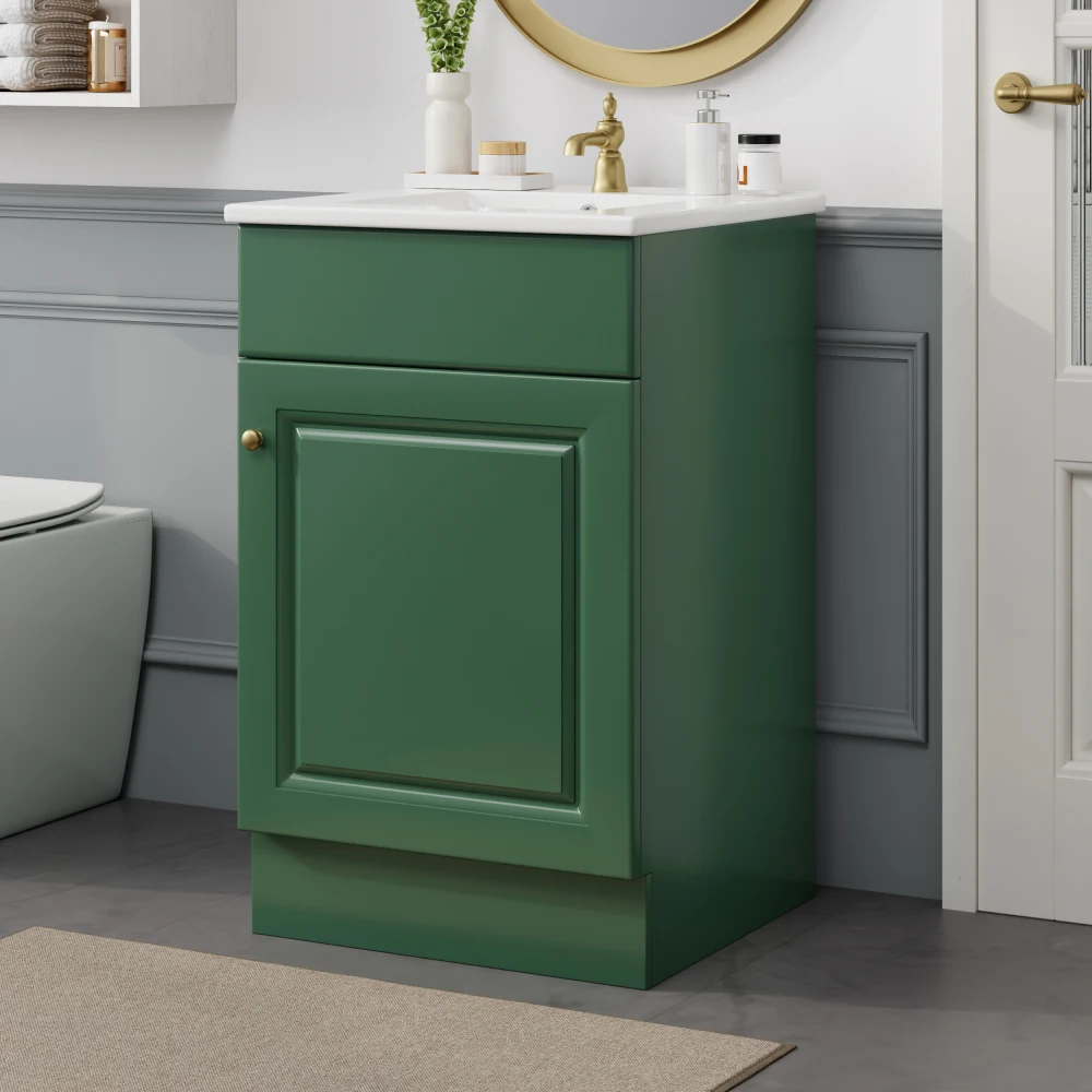 Tocador de baño de 20" con lavabo, mueble de tocador con estante de puerta y estante ajustable, verde