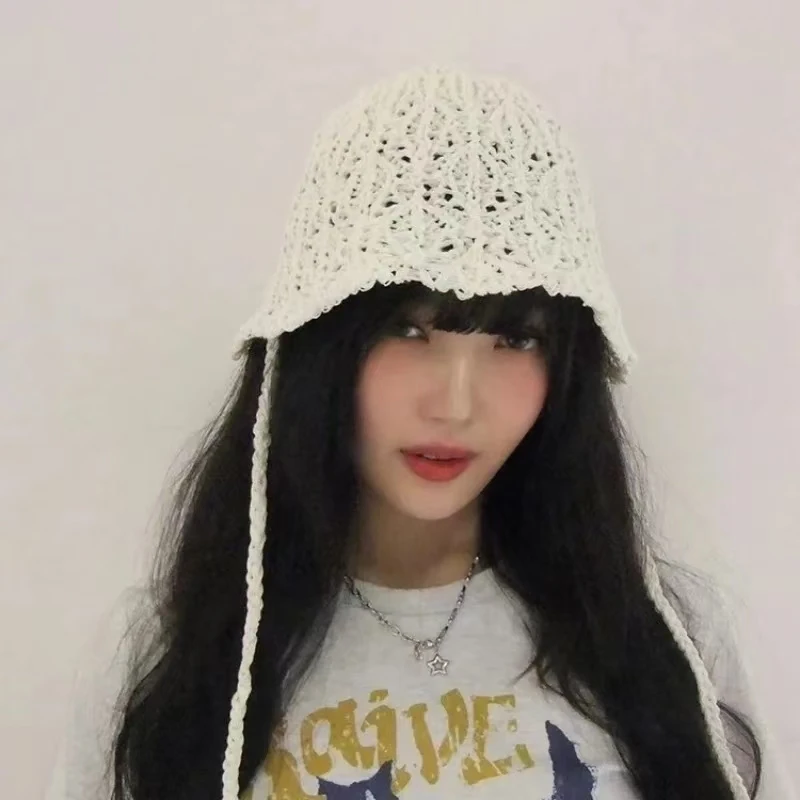 Korean Version Simple Hand-woven Bucket Hat Women's Summer Hollow Breathable Lace-up Solid Color Foldable Temperament Sun Cap