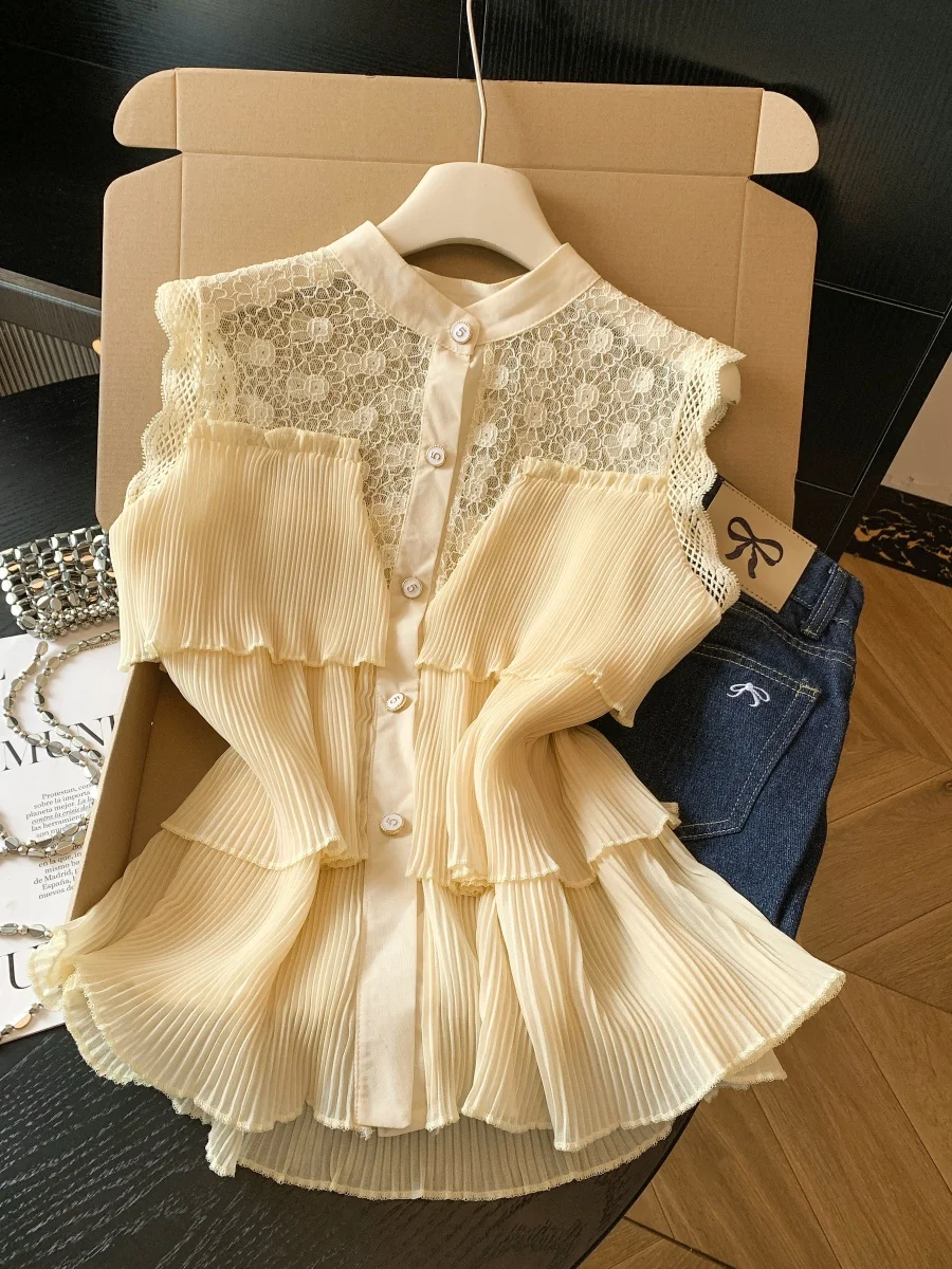 

Unique Lace Splice Pleated Chiffon Top Women Summer Sleeveless Shirt High-End Feeling Beautiful Blouse Korean Style Loose Fit