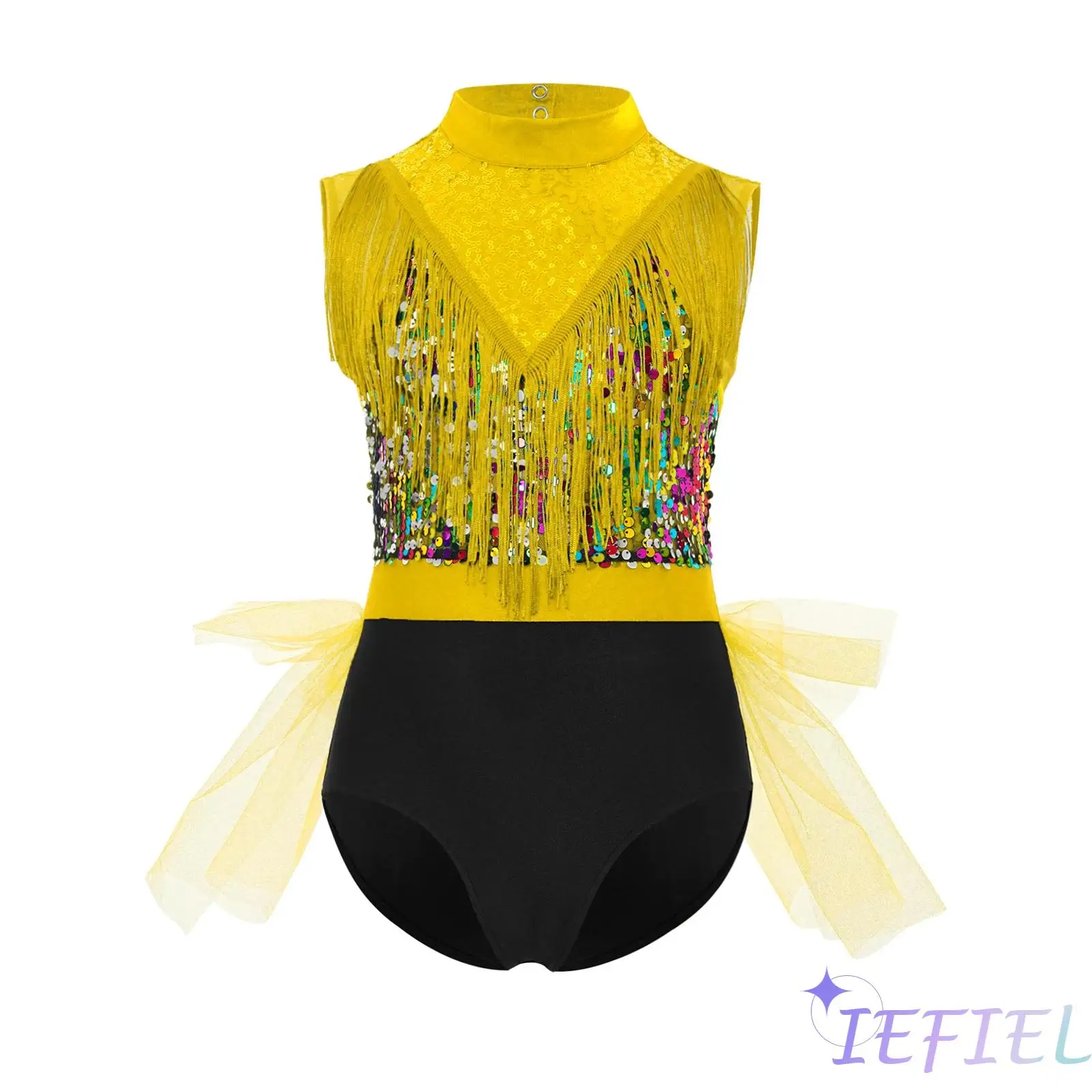 

Girls Ballet Latin Jazz Dance Outfits Sleeveless Cutout Back Tassels Shiny Sequins Color Block Dance Stage Performance Costume