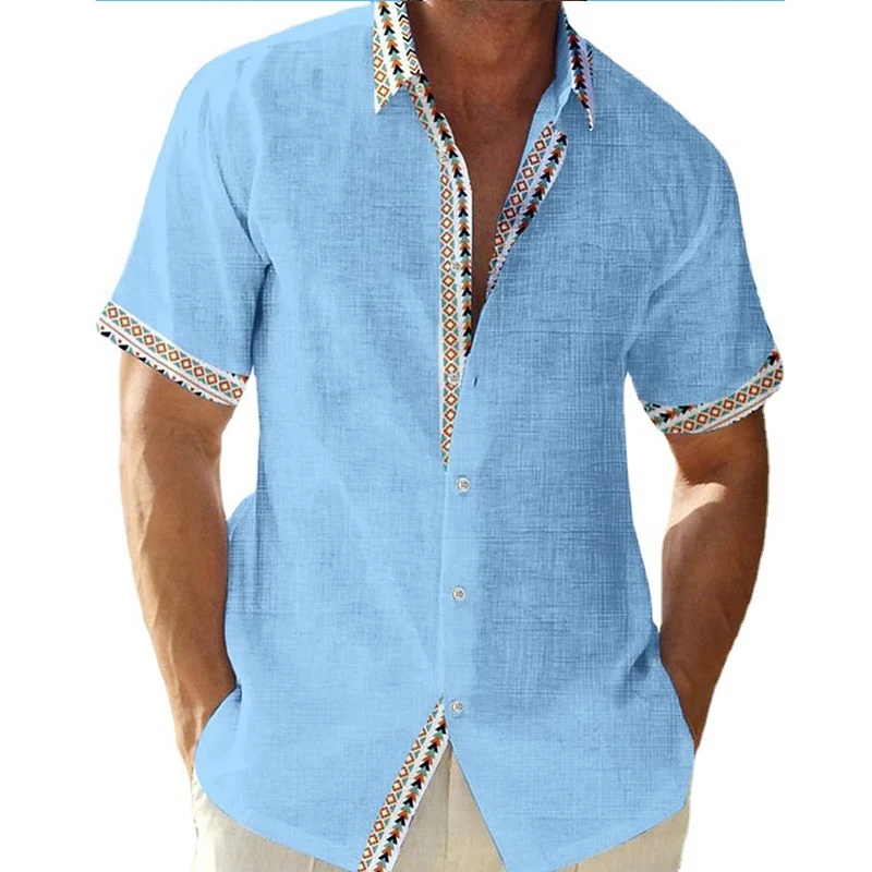 

Summer Men's Hawaiian Beach Shirt Short Sleeve Cardigan Cuff Front Contrast Polo Neck Shirts For Men Comfortable Blouses