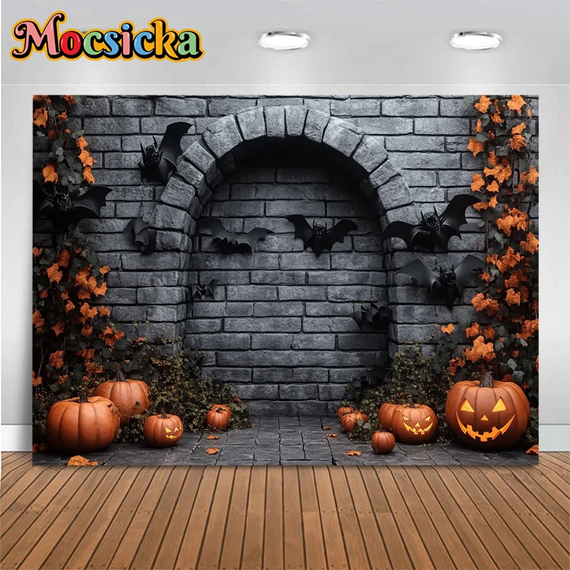 Mocsicka Halloween Photography Background Grey Brick Wall Bats Decorations Autumn Pumpkin Party Photo Backdrops Studio Wallpaper