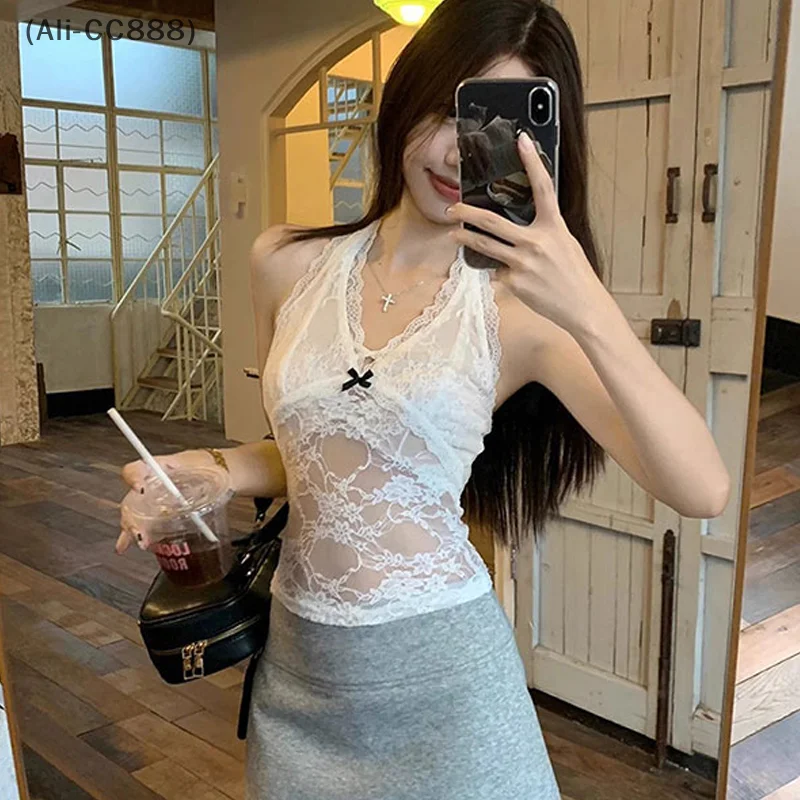 〔CC88〕Women Sexy Halter V-Neck Backless Bow Lace Camisole Hot Girls See-through Crop Top