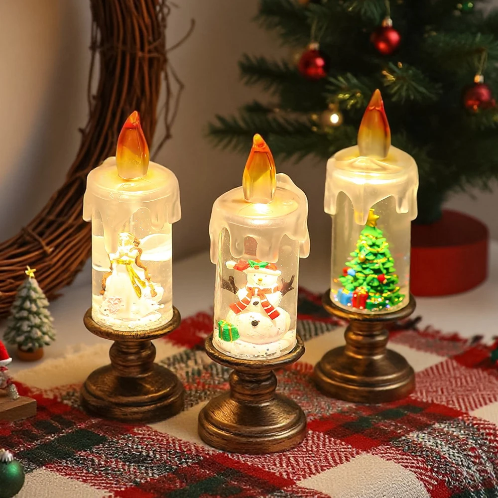 Battery Lighted Flameless Candles Christmas Snow Globe Candle Light Swirling Water Glittering