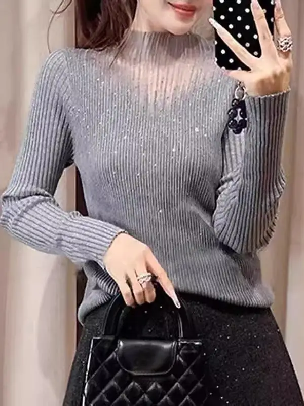 

Women's Knitted Base Shirt Long Sleeve Half High Collar Splice Diamond Stitching Slim Fit Commute Style Spring Regular Thickness
