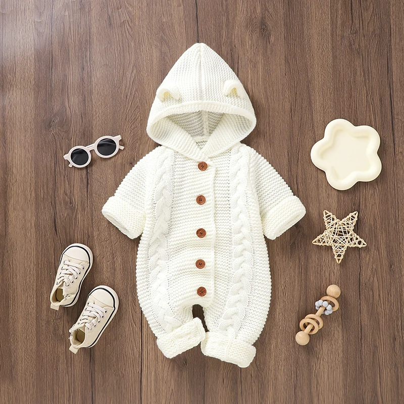 

Baby Knitted Rompers Clothes Winter Hooded Long Sleeve Newborn Boys Girls Jumpsuits Outfits 0-18m Infant Playsuits One Pieces